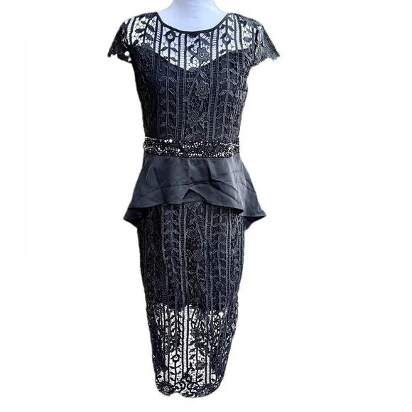 Metisu Black Lace Peplum Evening Midi Dress | Color: Black | Size: M | Aliesem1's Closet Metisu Black Lace Peplum Evening Midi Dress | Color: Black | Size: M | Aliesem1's Closet